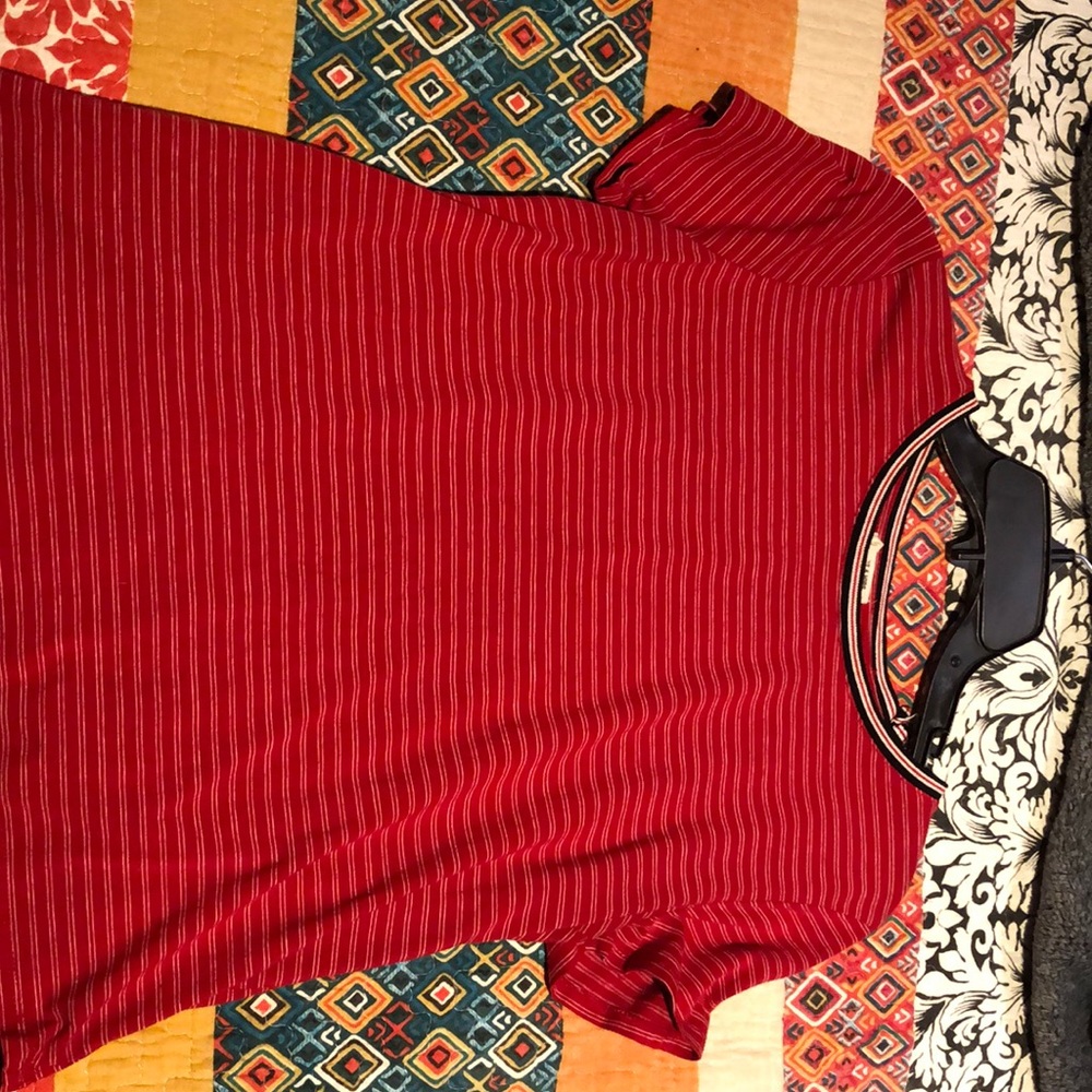 Red,white, and black t-shirt.